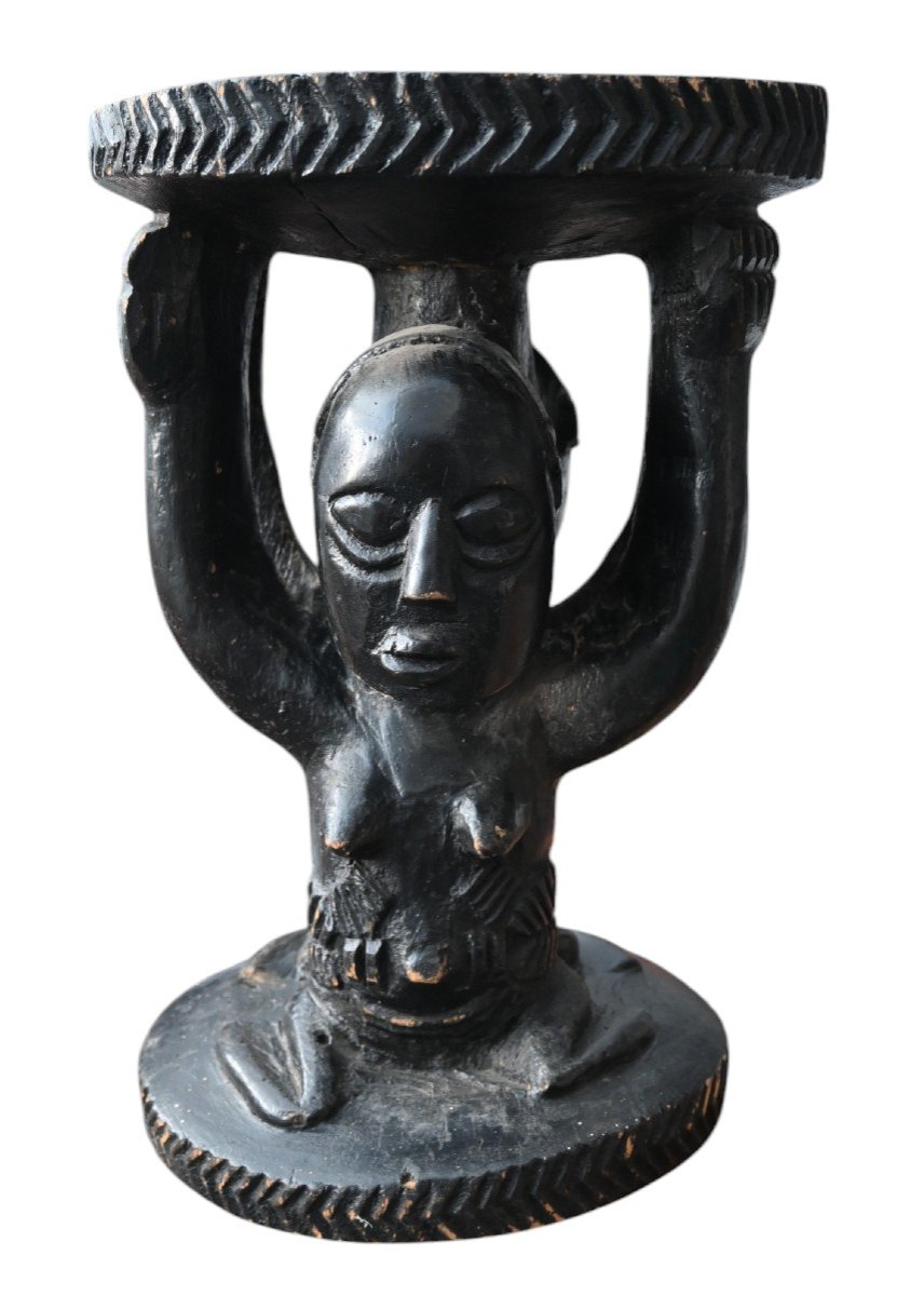 Double Caryatid Seat/stool From The 'luba' Tribe Dr Congo, Mid 20th Century-photo-2