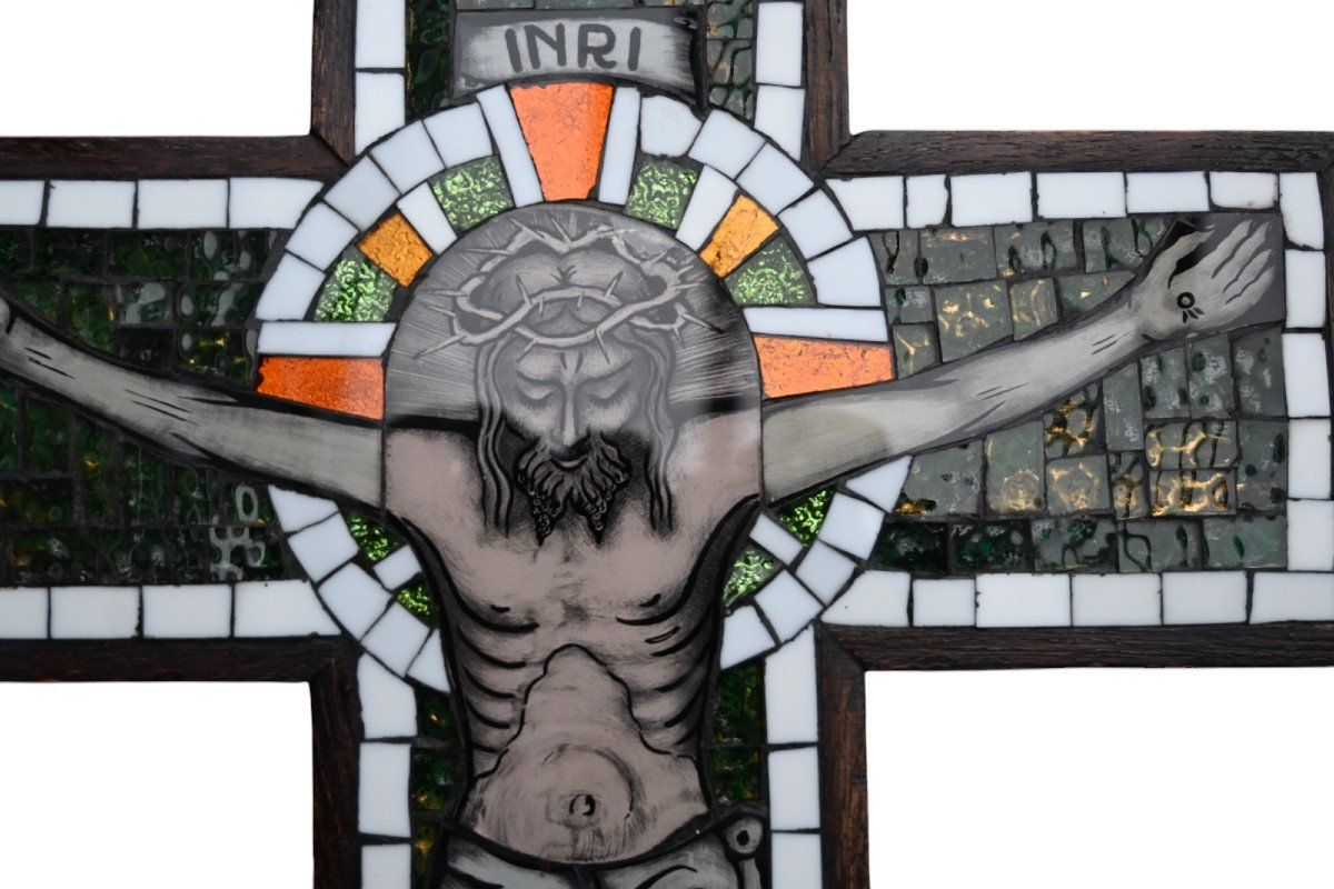 Stained Glass Crucifix And Glass Mosaic, Early 20th Century-photo-2