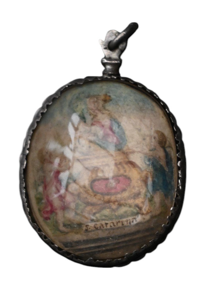 Reliquary Medallion, Miniature On Vellum Relic Of Saint Catarina 17th Century-photo-2