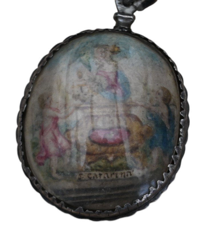 Reliquary Medallion, Miniature On Vellum Relic Of Saint Catarina 17th Century-photo-3