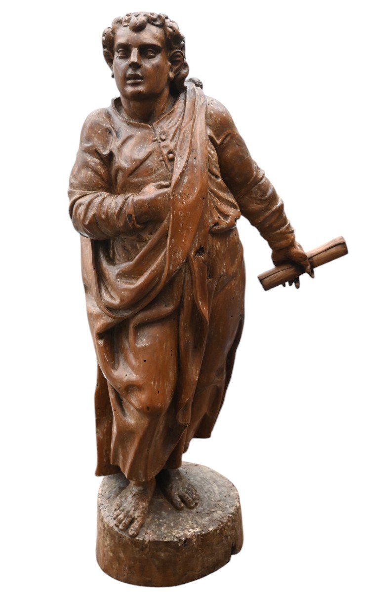 Statue En Bois Fruitier Du XVIIe Siècle Représentant Un Juge Ou Un Magistrat