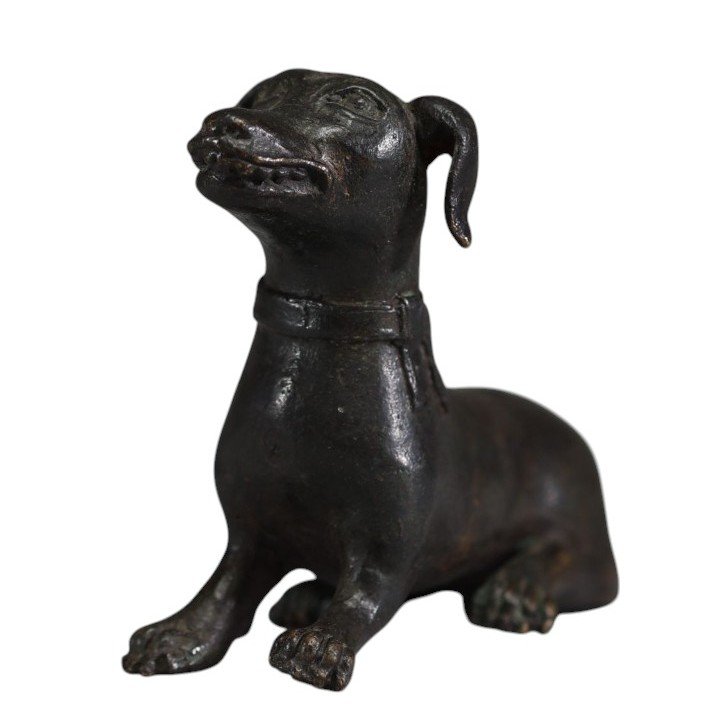 Chine, Poids De Rouleau En Bronze Figurant Un Chien Assis, Qing , 18éme Siécle-photo-3