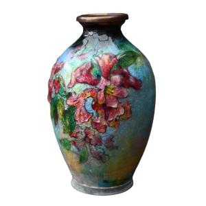 Camille Fauré (1874-1956), Floral Decor Vase In Enamel, Limoges Enamels