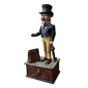 "uncle Sam" Cast Iron Mechanical Piggy Bank, 19th Century