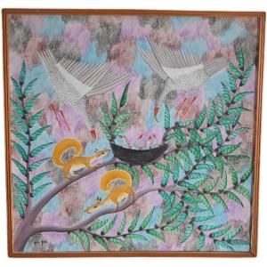 Pilipili Mulongoy (1914-2007) A Pair Of Birds Protecting The Nest, Painting On Canvas