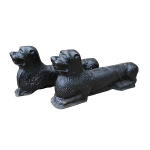  Pair Of Cast Iron Andirons In The Shape Of A Lying Dog, Wallonia (belgium), 16th Century