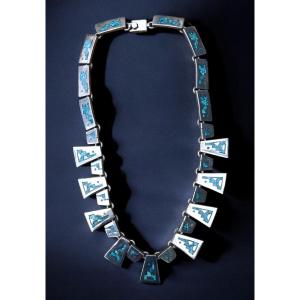 1970s Sterling Silver And Turquoise Designer Necklace