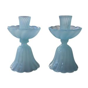 Pair Of Murano Opalescent Glass Candle Holders