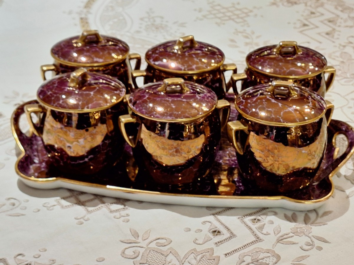 6 Handpainted Porcelain Cream Pots And Tray 