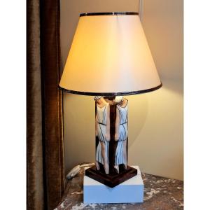 Art Deco Lamp In Elm Burl And Porcelain 