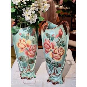 Paire De Vases Art Nouveau En Faïence De Longchamp 