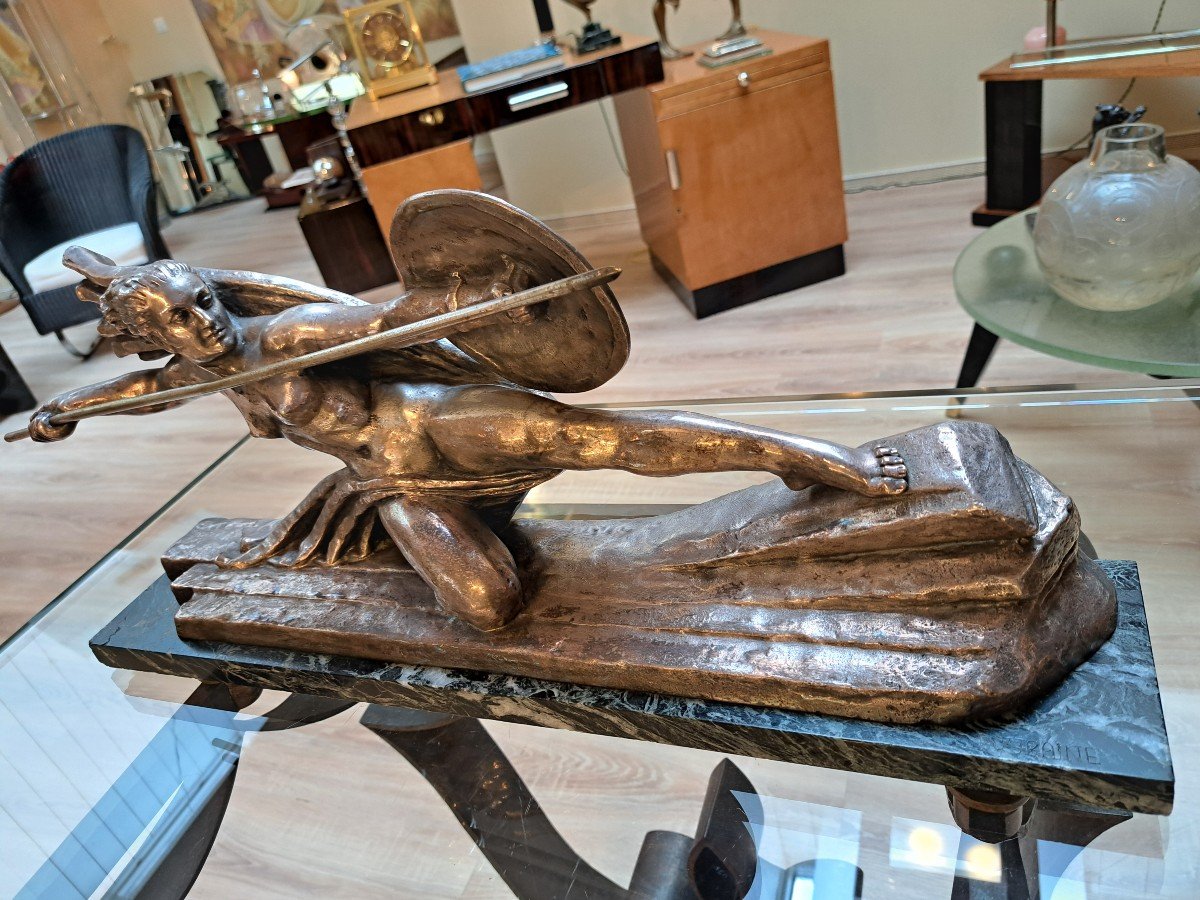 Guerrière De Marcel Bouraine, Sculpture En Bronze Argenté, Art Déco Vers 1930-photo-3