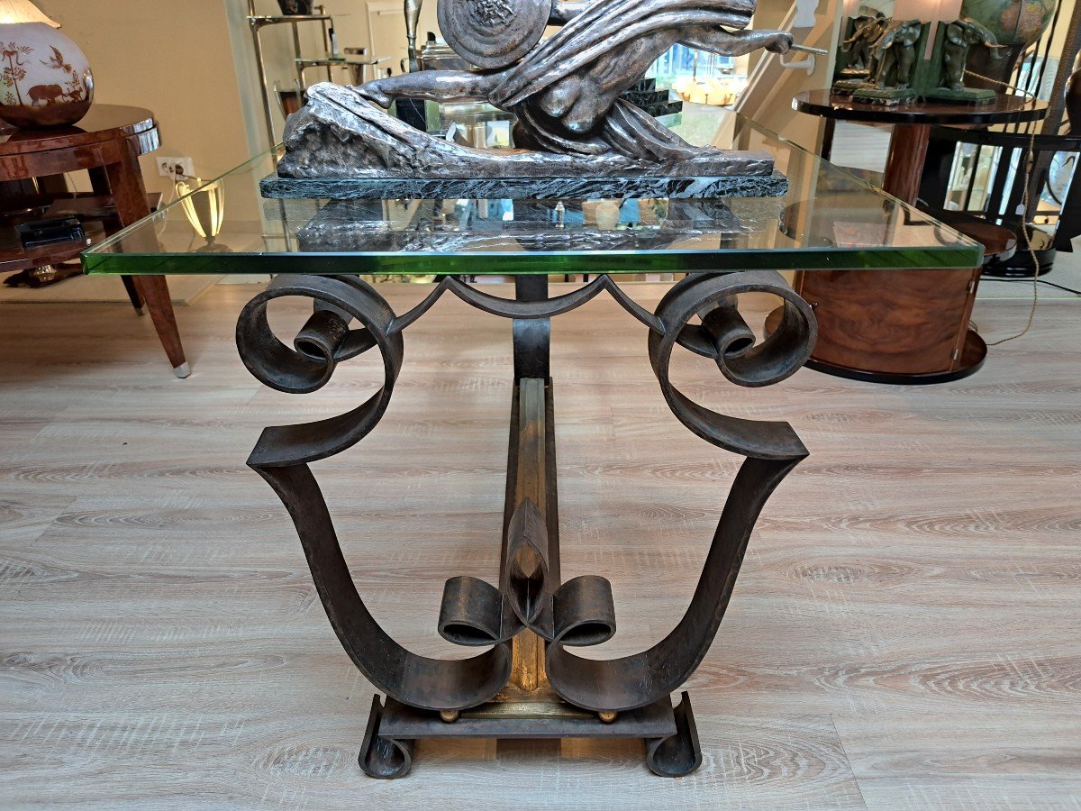 Wrought Iron Middle Table With Glass Slab, Signed, Art Deco-photo-2