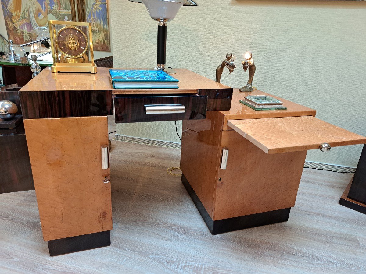 Modernist Birch Burl And Macassar Ebony Desk, Art Deco-photo-4