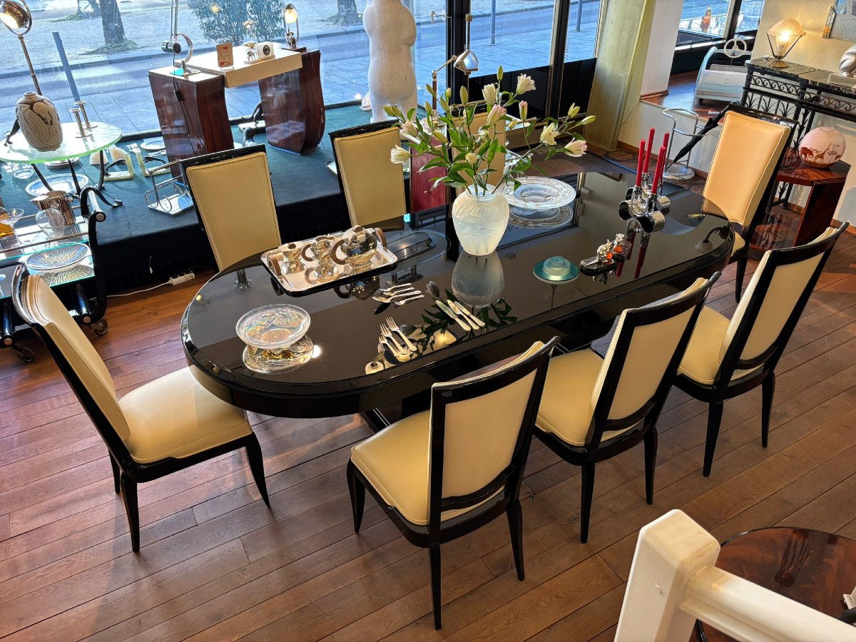 Ensemble De Salle à Manger Avec Grande Table Ovale Et 8 Chaises, Art Déco France Vers 1930