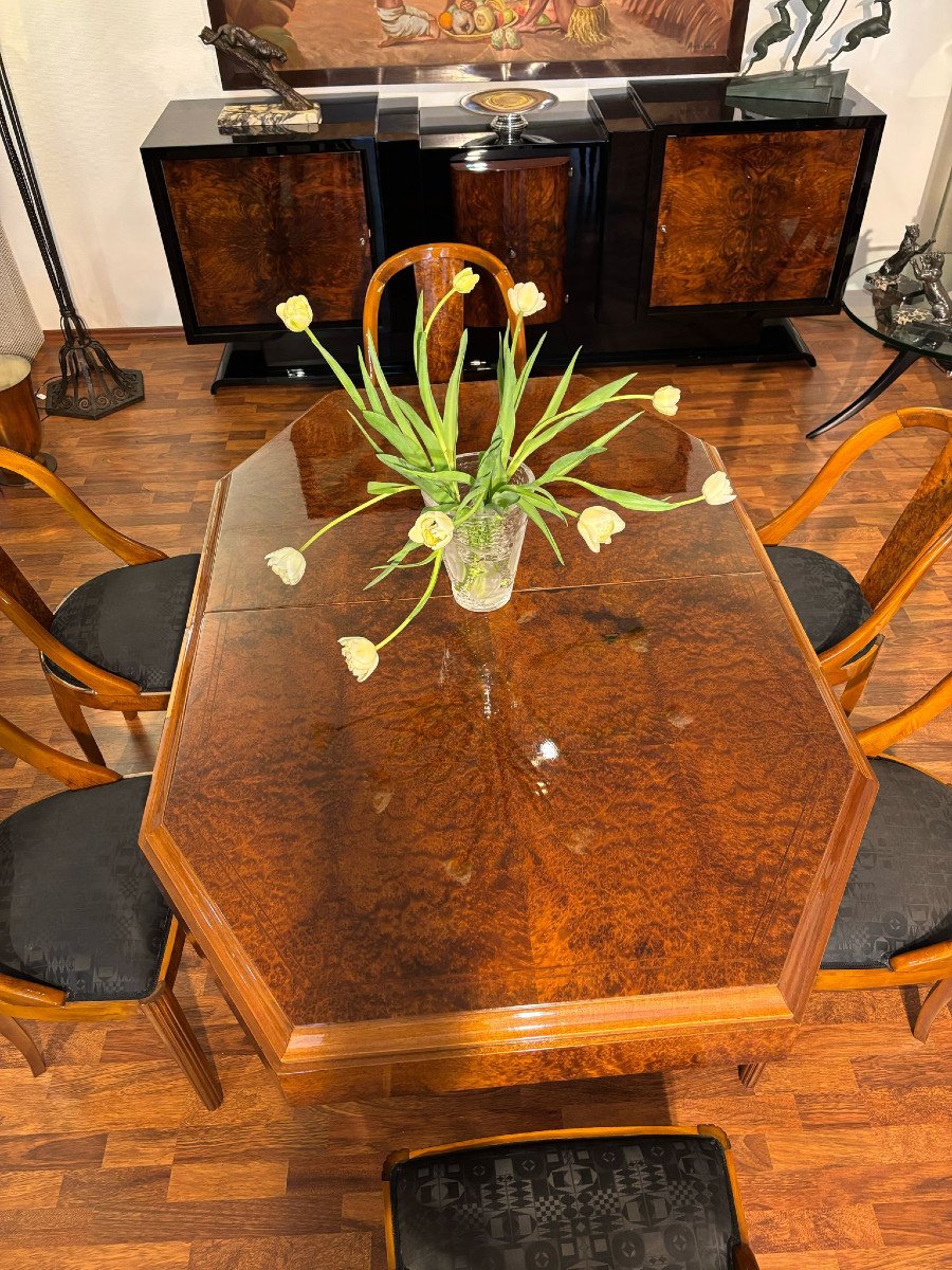 Salle à Manger Art Déco Vers 1930, 8 Chaises Et Table Octogonale-photo-2