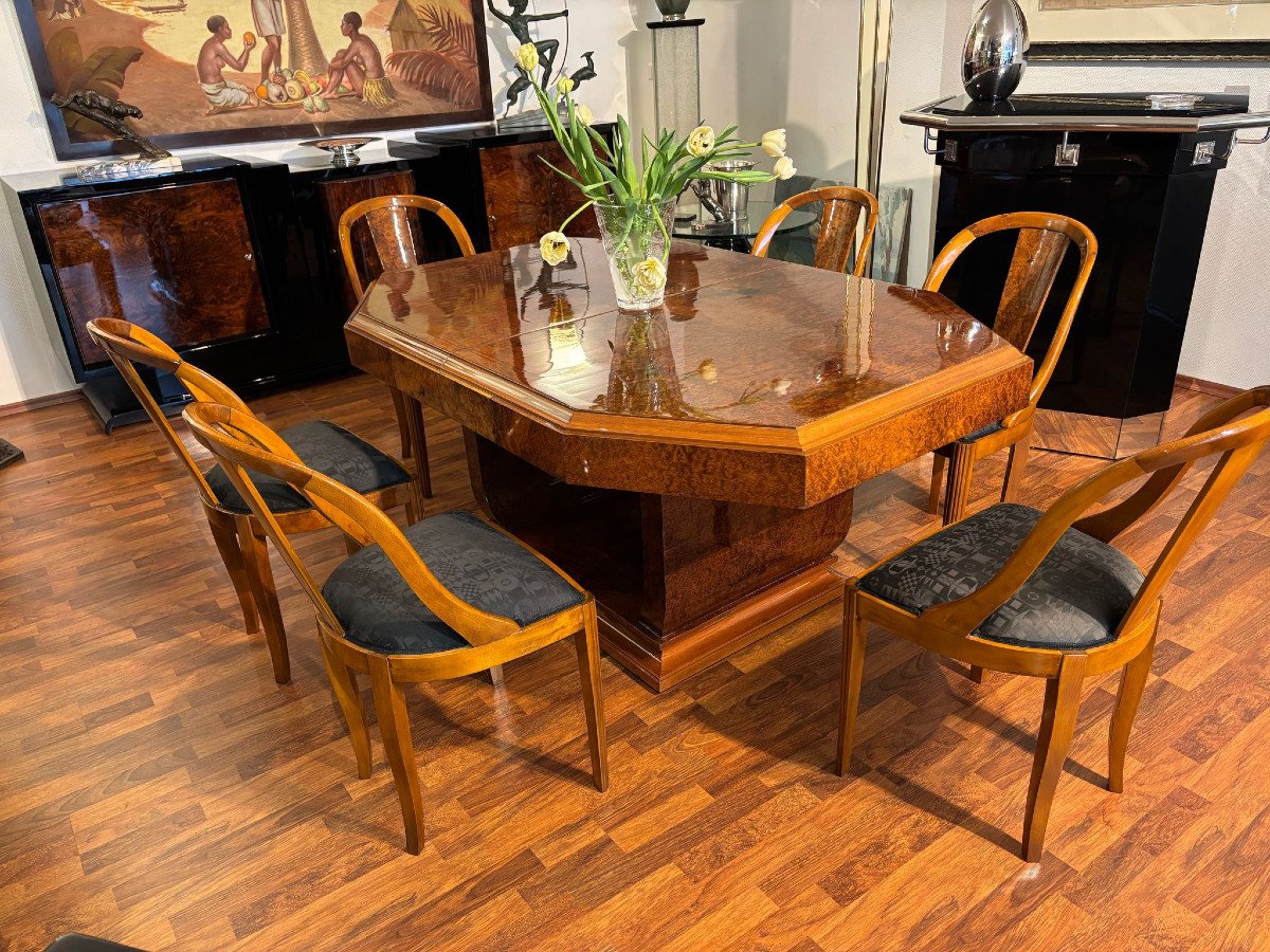 Salle à Manger Art Déco Vers 1930, 8 Chaises Et Table Octogonale