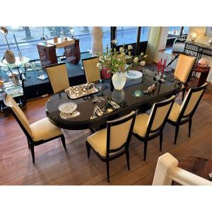 Dining Room Set With Large Oval Table And 8 Chairs, Art Deco France Circa 1930