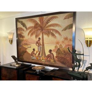 Art Deco Oil Painting On Canvas Exotic Scene , Signed