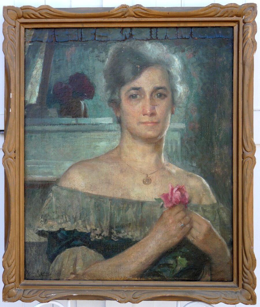 VICTOR MAREC 1862 - 1920...GRAND PORTRAIT IMPRESSIONNISTE...FEMME TENANT UNE ROSE-photo-3
