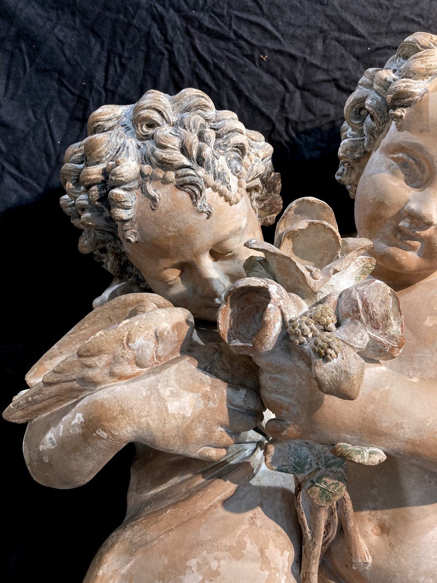 Important Partially Polychromed Terracotta Group Depicting Two Puttis - Circa 1800-photo-3