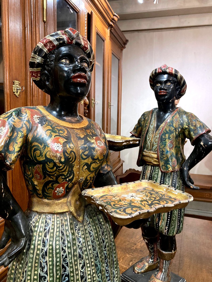 Pair Of Nubian Mail Holders - Polychrome Carved Wood - Italy 18th Century-photo-2