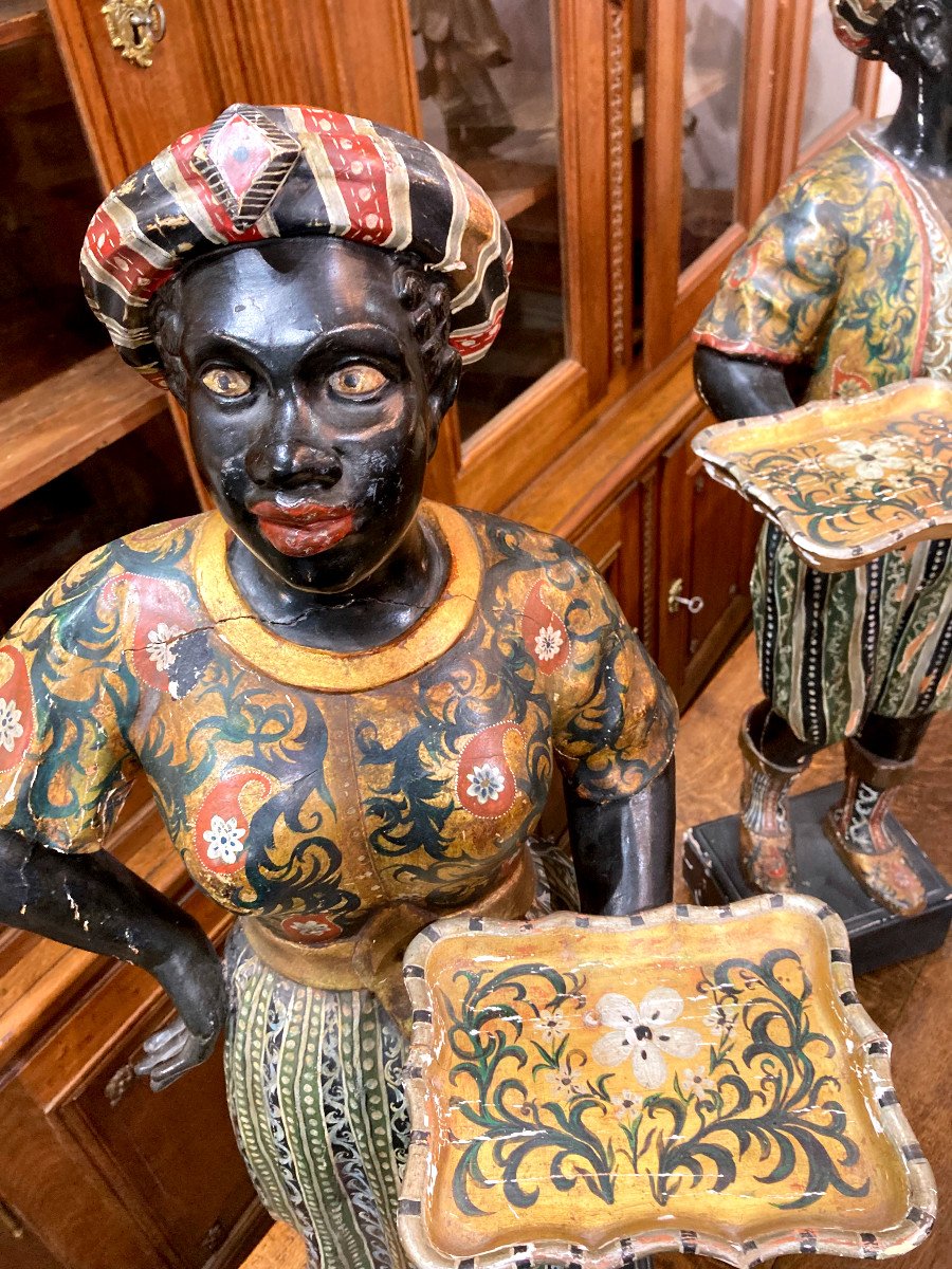 Pair Of Nubian Mail Holders - Polychrome Carved Wood - Italy 18th Century-photo-5