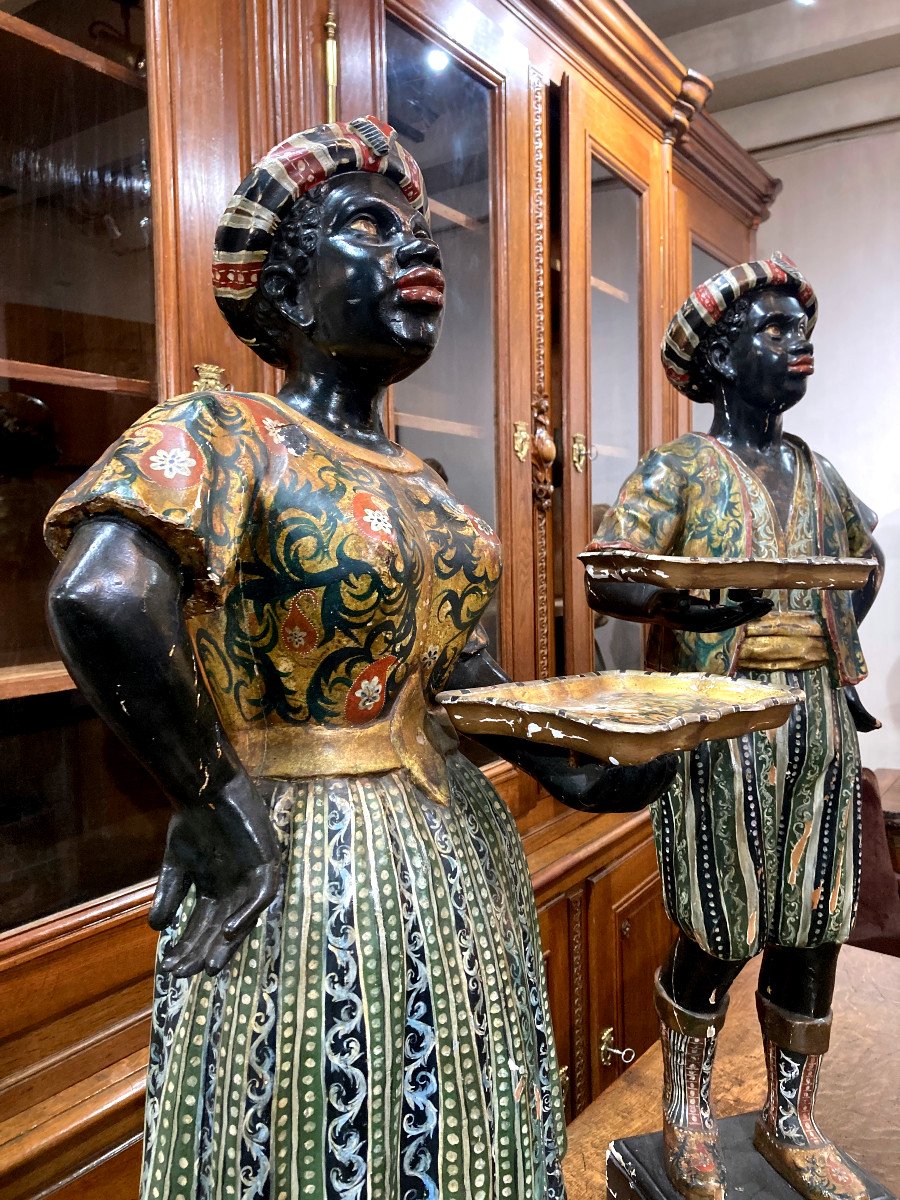 Pair Of Nubian Mail Holders - Polychrome Carved Wood - Italy 18th Century