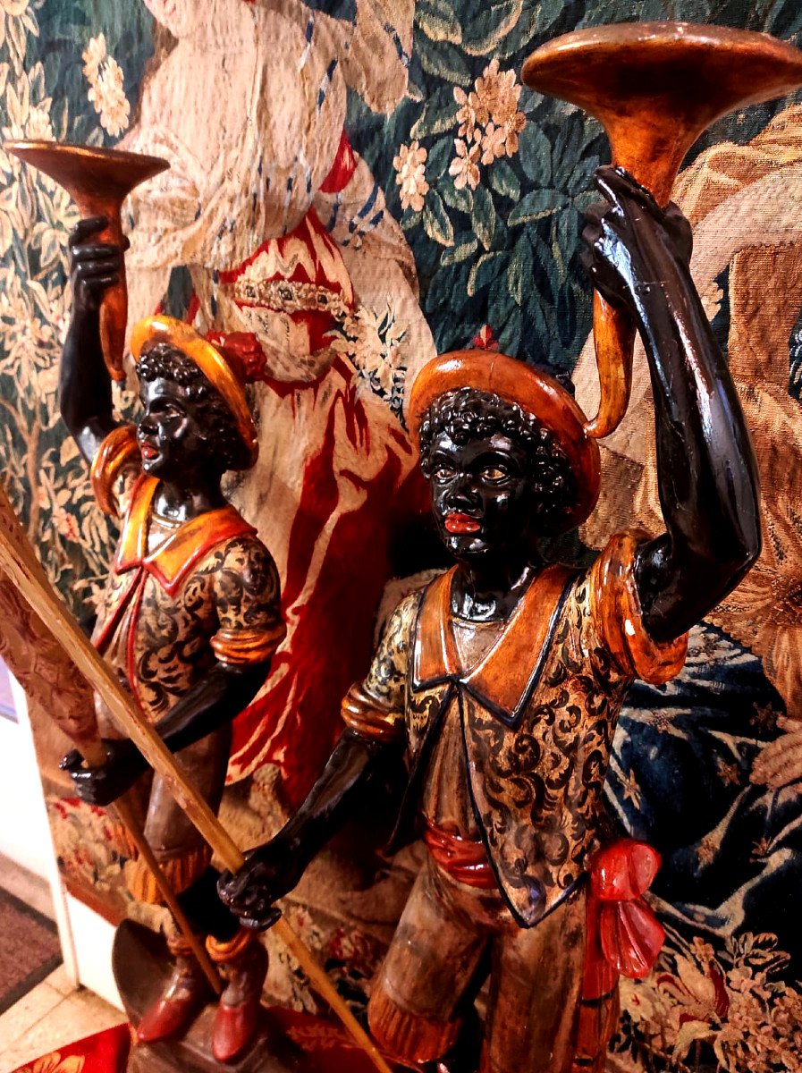 Paire De Nubiens Gondoliers En Bois Sculpté Et Polychrome - Venise XIXeme-photo-3