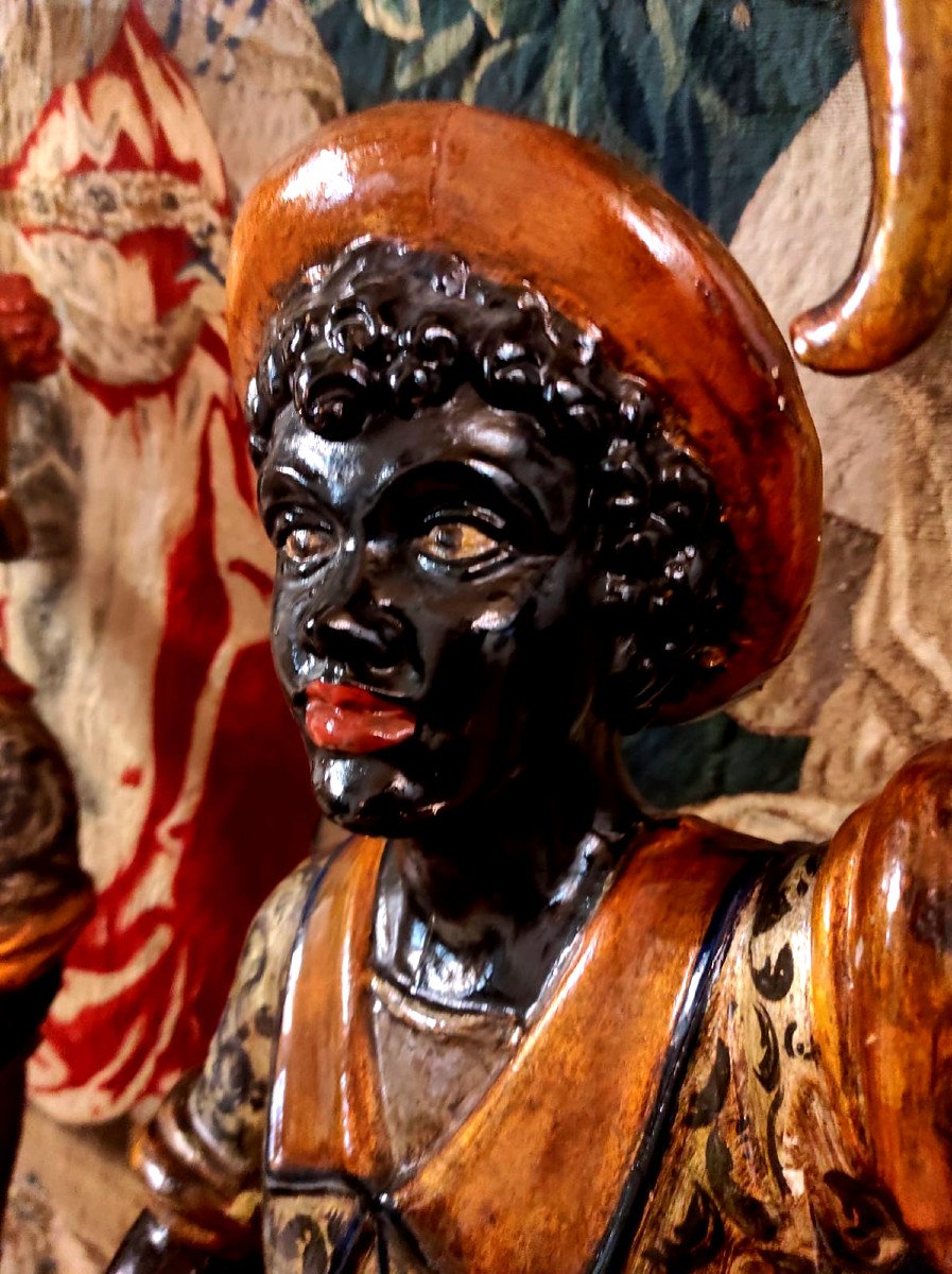 Paire De Nubiens Gondoliers En Bois Sculpté Et Polychrome - Venise XIXeme-photo-2