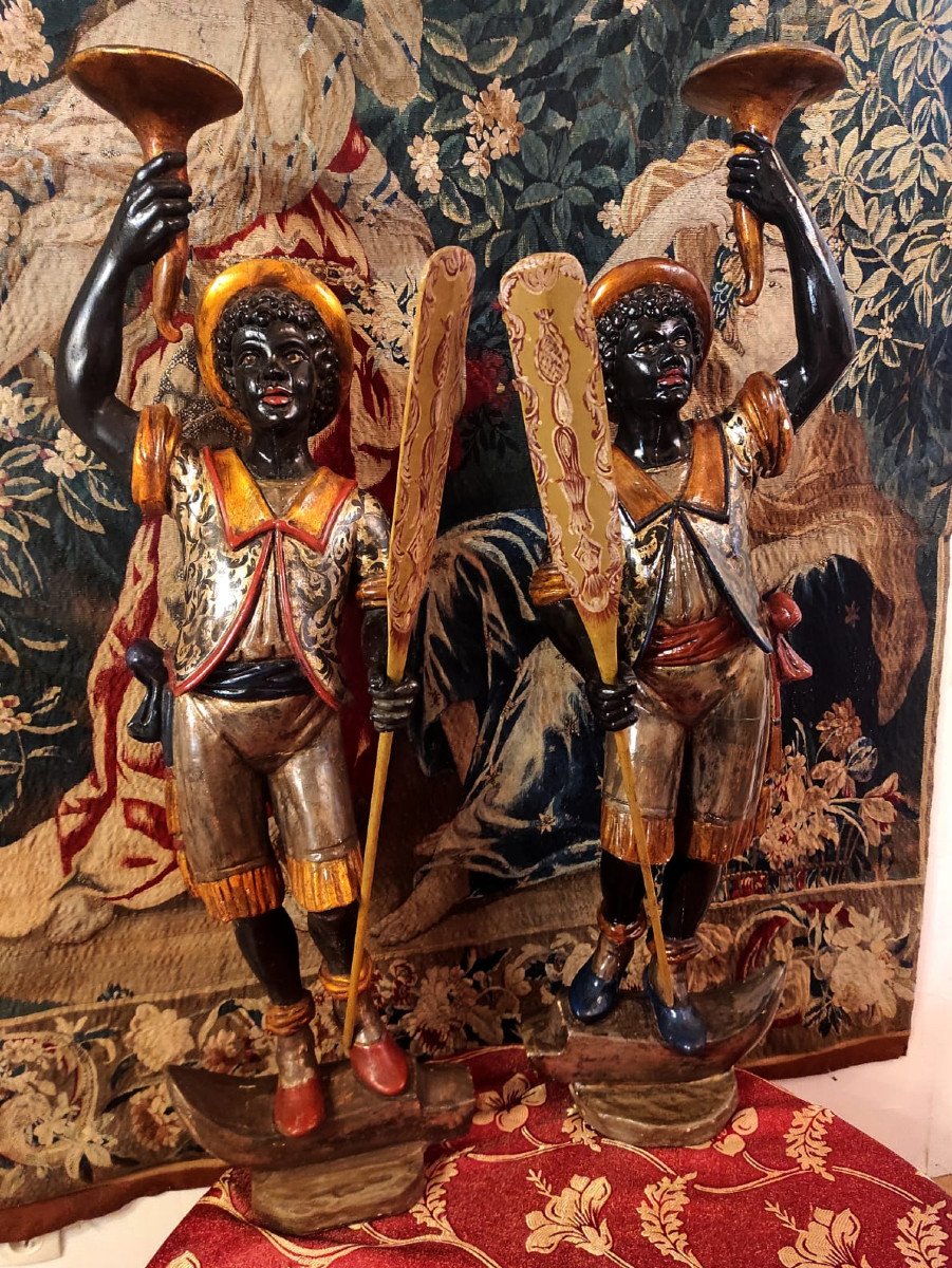 Paire De Nubiens Gondoliers En Bois Sculpté Et Polychrome - Venise XIXeme