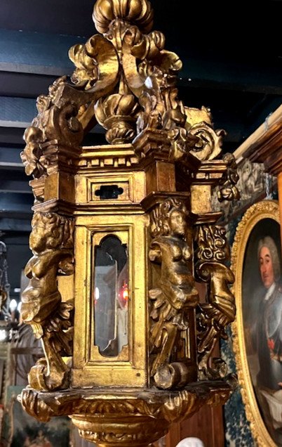 Large Lantern In Carved And Molded Gilded Wood - Italy 18th Century-photo-3