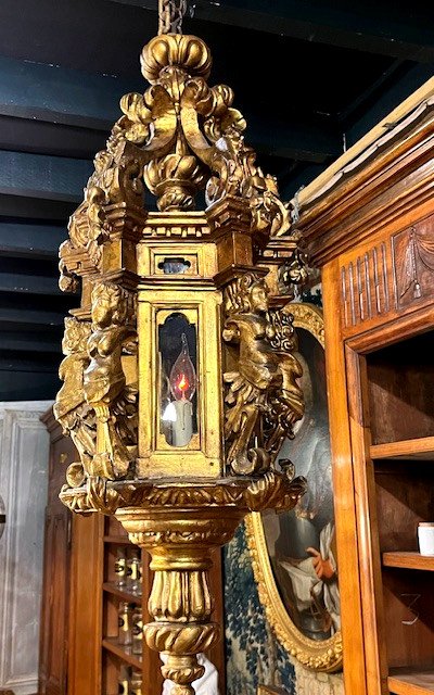 Large Lantern In Carved And Molded Gilded Wood - Italy 18th Century-photo-4