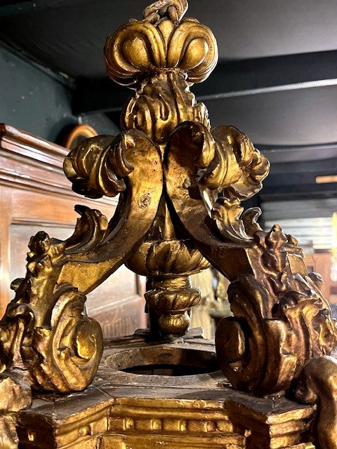 Large Lantern In Carved And Molded Gilded Wood - Italy 18th Century-photo-1