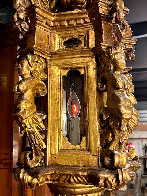 Large Lantern In Carved And Molded Gilded Wood - Italy 18th Century-photo-2