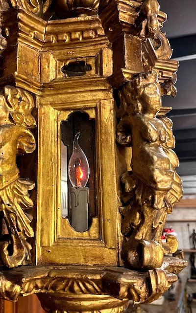 Large Lantern In Carved And Molded Gilded Wood - Italy 18th Century-photo-3