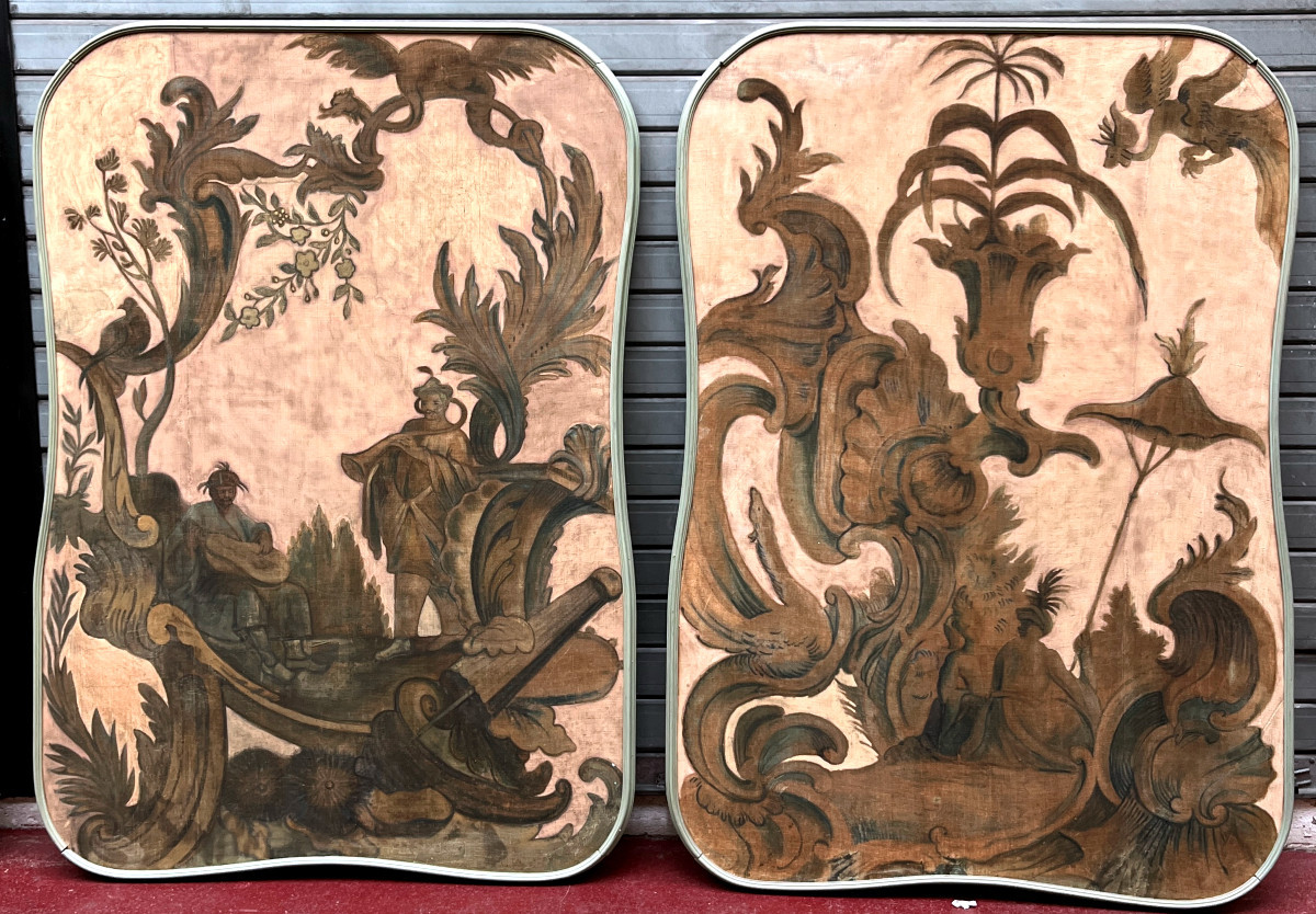 Remarquable Suite De Quatre Huiles Sur Toile En  Camaïeu  Scène De Chinoiserie - Circa 1800 -photo-2