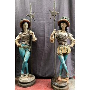 Pair Of 19th Century Cast Iron Halberdiers After Houssin