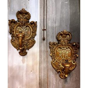 Pair Of Gilded Wood Wall Lights - Venetie 18th Century