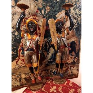 Pair Of Nubian Gondoliers In Carved And Polychrome Wood - Venice, 19th Century