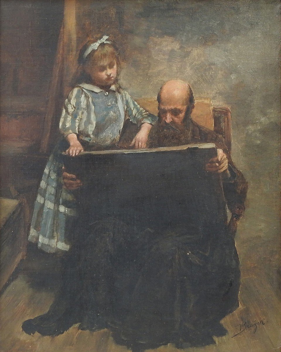 Czech Painter Václav Brožík (1851 - 1901 Paris) "man And Girl With A Book"-photo-2