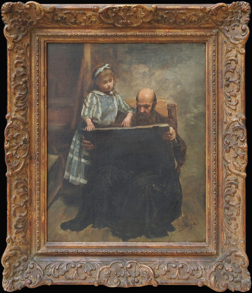 Czech Painter Václav Brožík (1851 - 1901 Paris) "man And Girl With A Book"