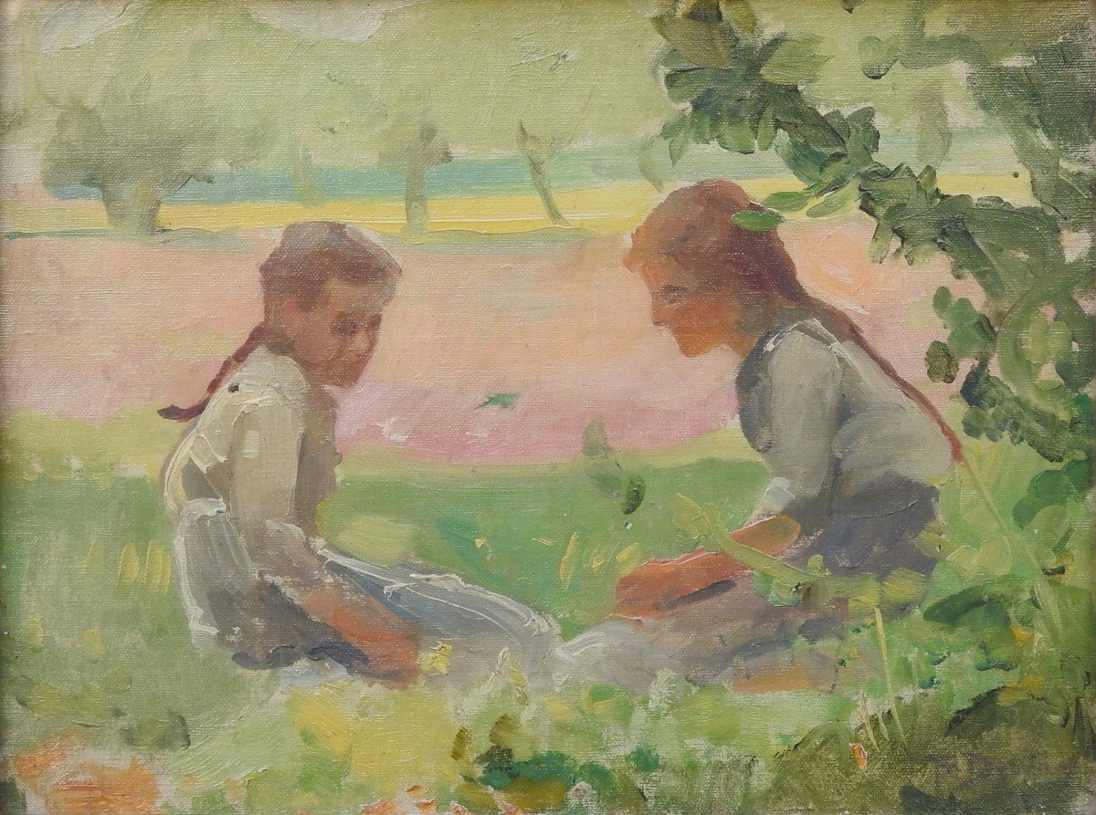 František Dvořák (Brunner) 1862 -  1927 Prague "enfants Dans Le Jardin" Etude-photo-2