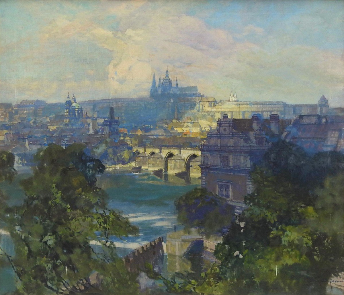 Czech Painter Prague Jaroslav šetelík 1881 Tábor– 1955 "panorama Of Prague"-photo-2