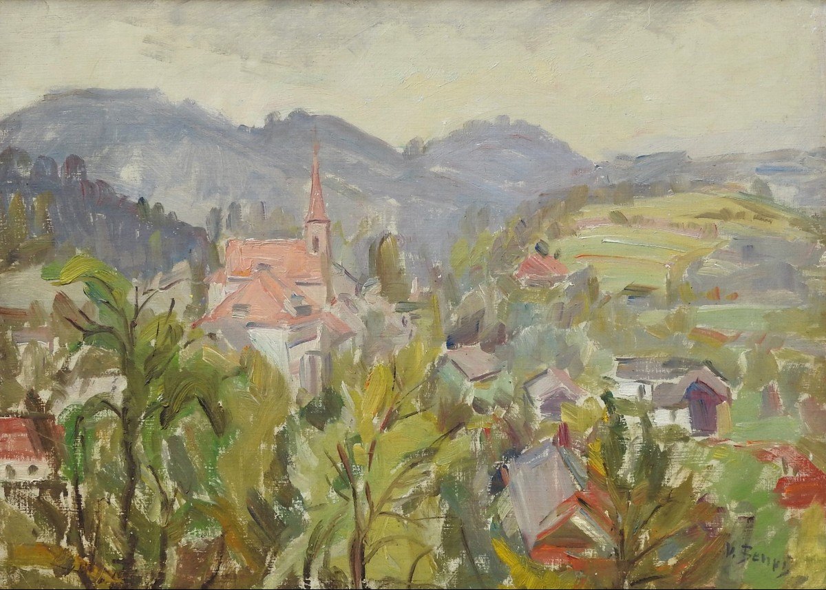 Czech Painter Vincenc Beneš 1883 Lišice– 1979 Prague "view Of The Village"-photo-2