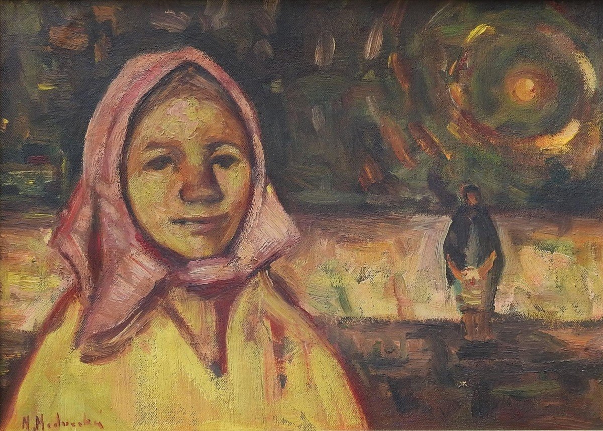 Slovak Painter Mária Medvecká 1914 Tvrdošín – 1987 Bratislava “women In The Landscape”-photo-2