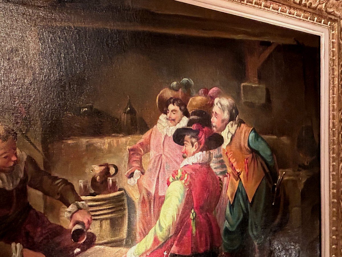 Peinture Huile Sur Toile  grand format " Les Mousquetaires à La Taverne "-photo-5