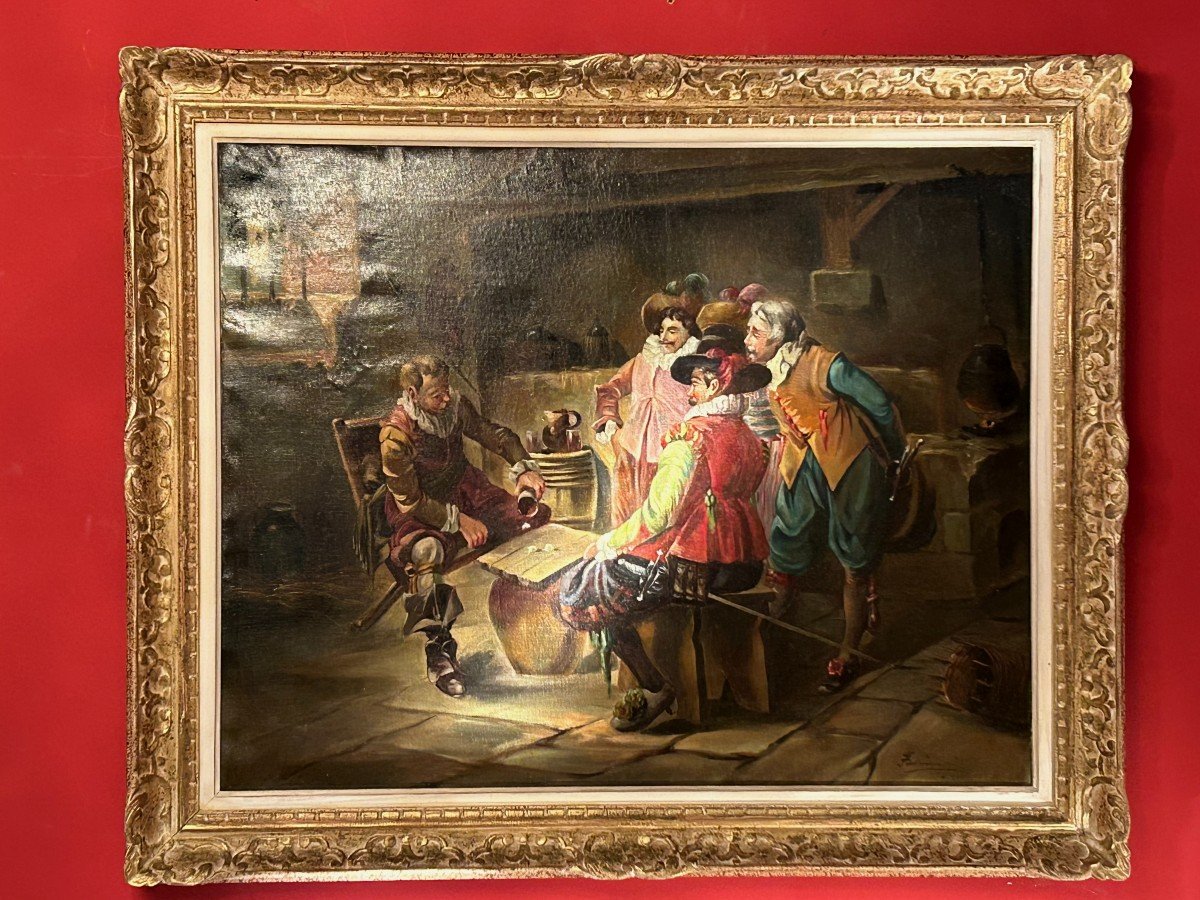 Peinture Huile Sur Toile  grand format " Les Mousquetaires à La Taverne "