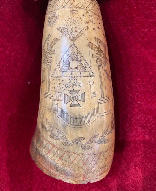 Horn Powder Pear Entirely Engraved With Masonic Symbols. End XVIII- Beginning XIX Century-photo-3