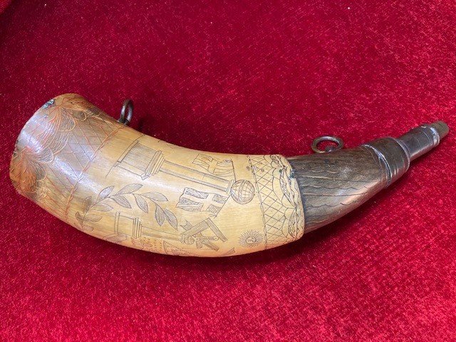 Horn Powder Pear Entirely Engraved With Masonic Symbols. End XVIII- Beginning XIX Century